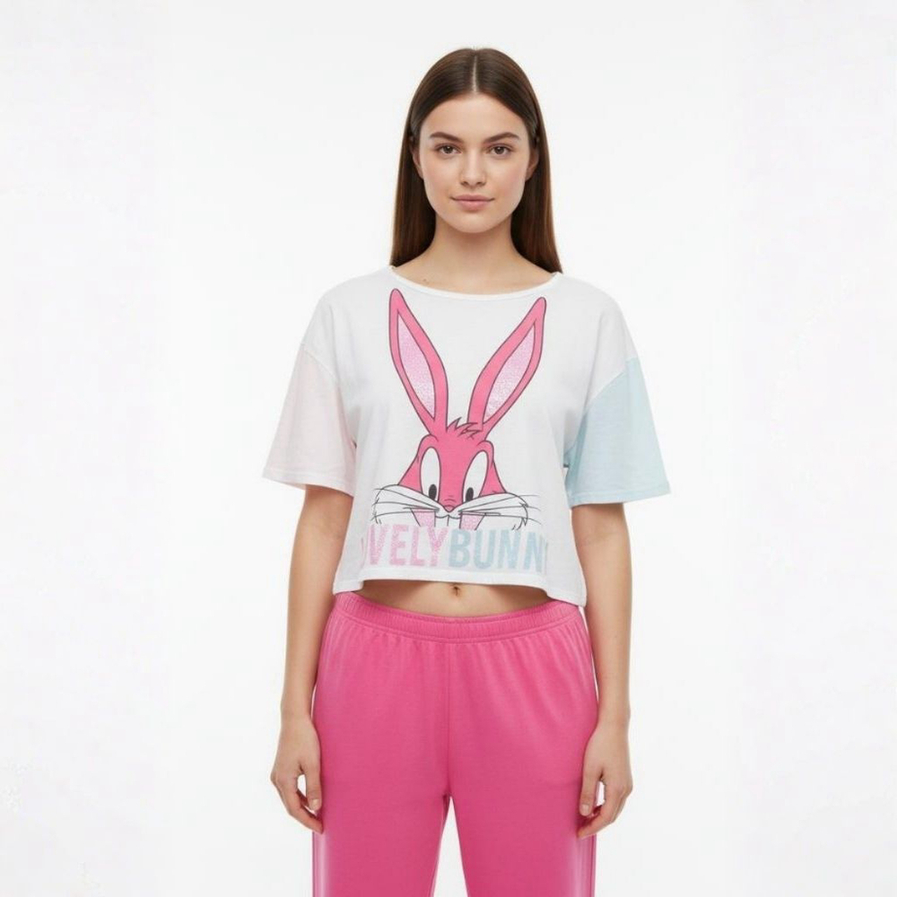 United Colors of Benetton White Pink Looney Tunes Crop Pajama Top - Small